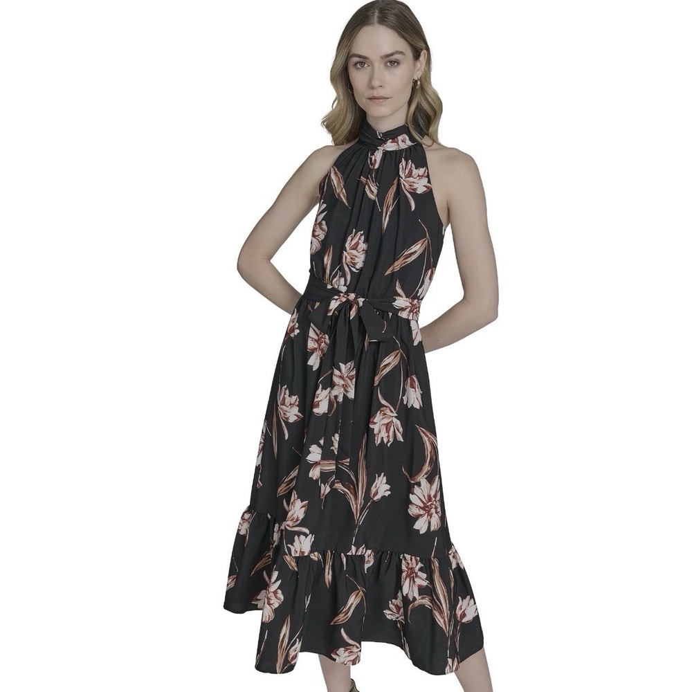 Falling Flowers Floral Halter Midi Dress Women's‎ Large Black Belted NWT